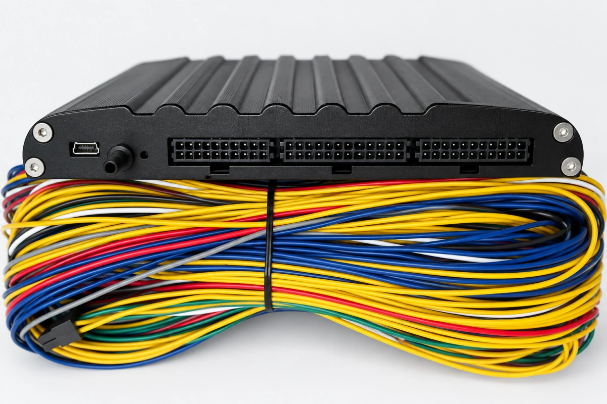 Illustrative exterior view of the AEM F/IC-8 controller connector edge and wiring loom