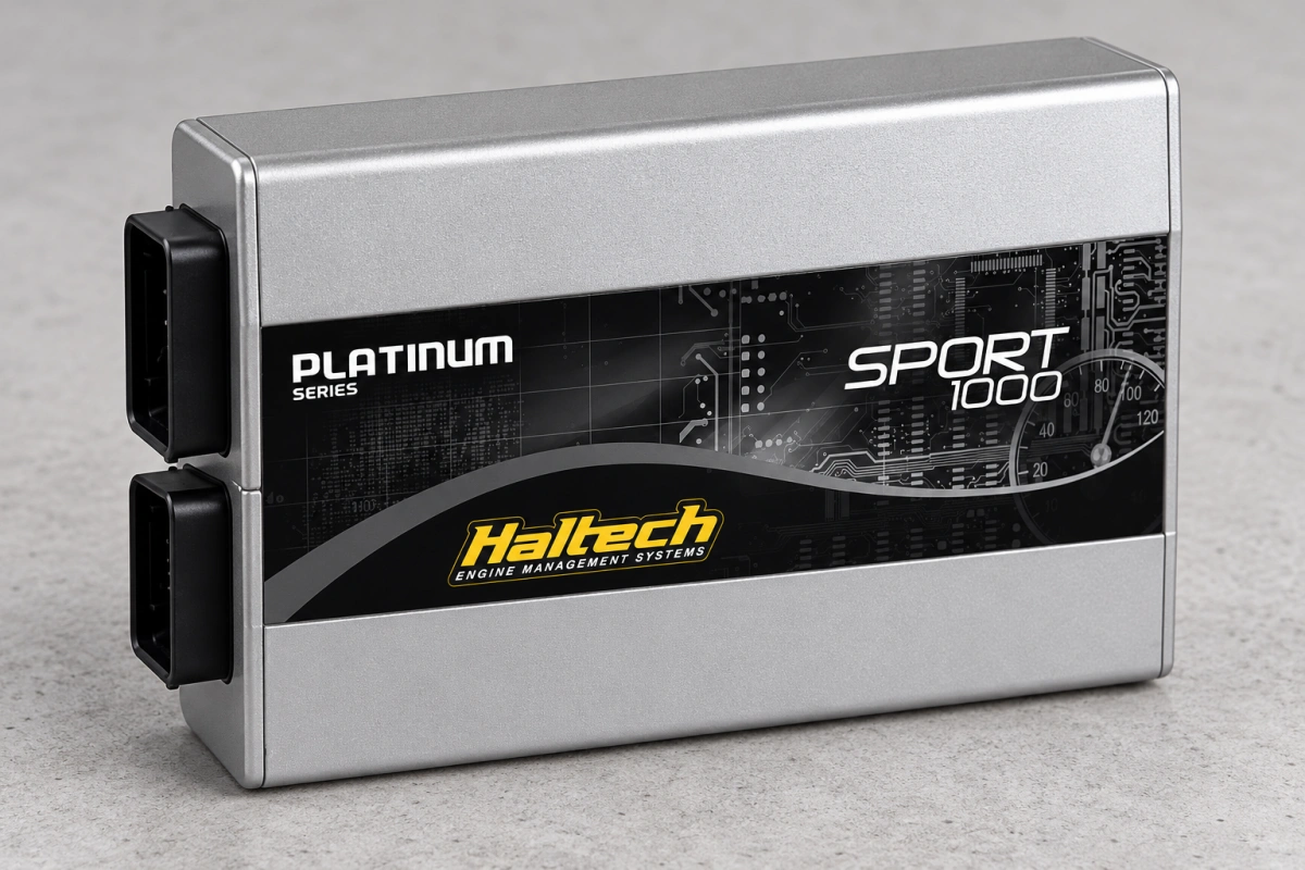 Haltech Platinum Sport 1000 ECU angled view showing controller housing and side connector positions