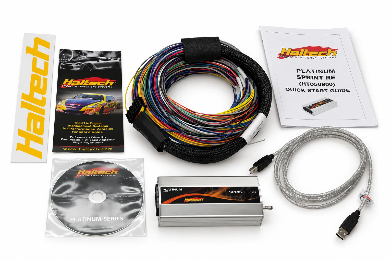 Haltech Platinum Sprint 500 controller with wiring loom and accessories in supplier reference photo