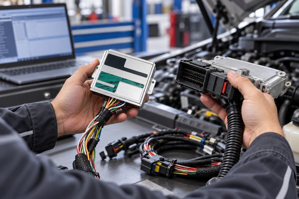 Technician reviewing a piggyback ECU and factory ECU wiring