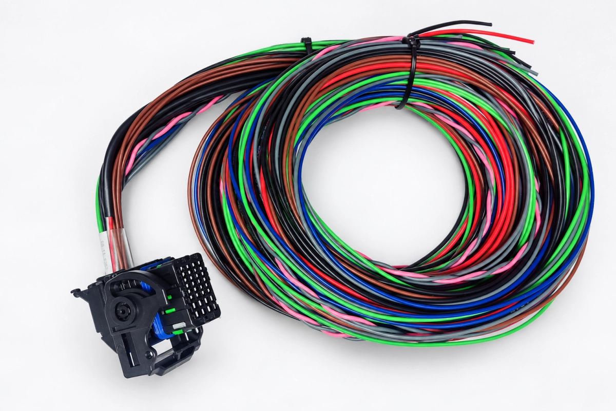 MaxxECU MINI wiring loom connector with color-coded wires and flying leads